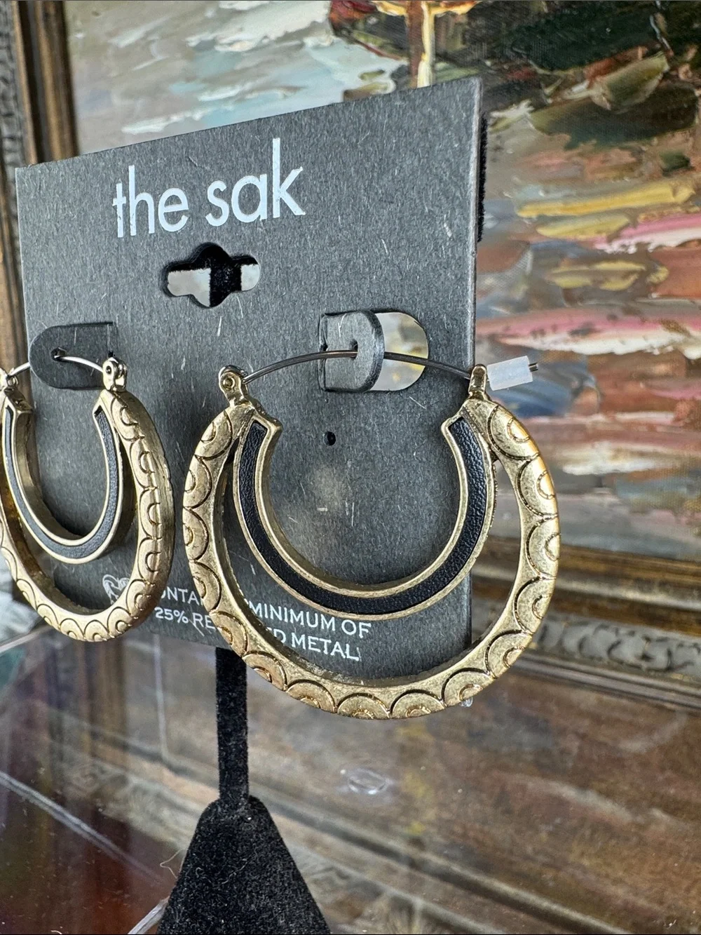 0627-The Sak Gold-Tone Etched Hoop Earrings with Black‎ Inlay